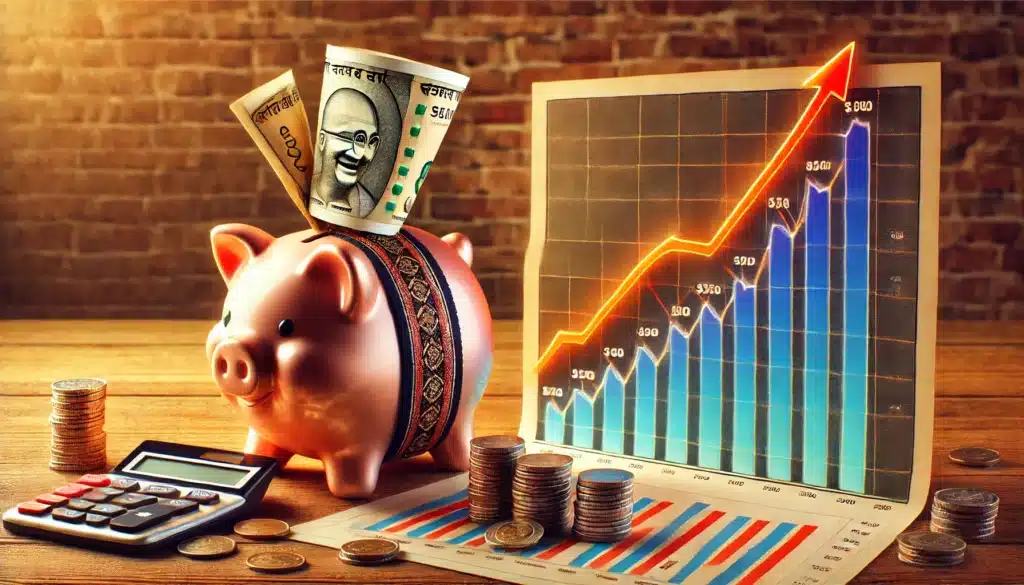 Indian Rupee piggy bank next to a rising stock market graph,symbolizing saving vs. investment growth in the stock market.