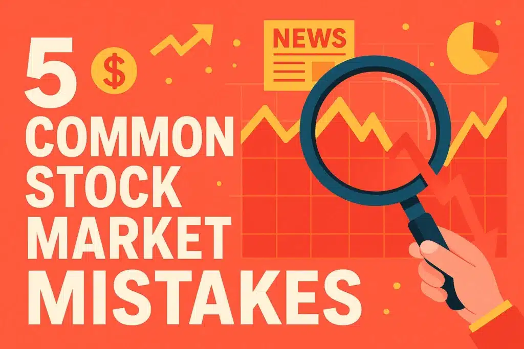 Eye-catching feature image showing 5 common stock market mistakes with colorful financial graphs, warning signs, and investment icons for an educational blog post.