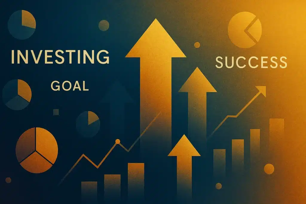 Abstract digital art showing arrows, charts, and financial symbols with words Investing, Goal, Success- symbolizing the journey of how to start investing