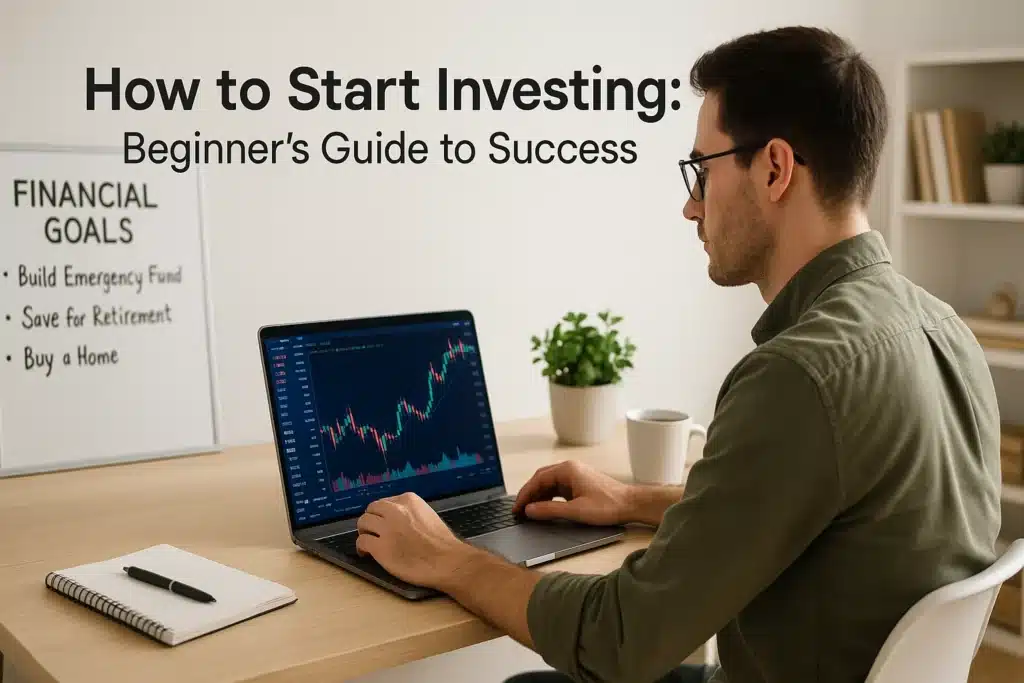 Young man analyzing stock charts on laptop at a modern home desk with financial goals on whiteboard – perfect visual for how to start investing tips.