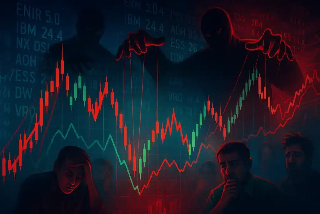 Stock market manipulation concept illustration showing chaotic price chart with shadowy puppet strings,confused investors in foreground and red-green volatile trends in the background