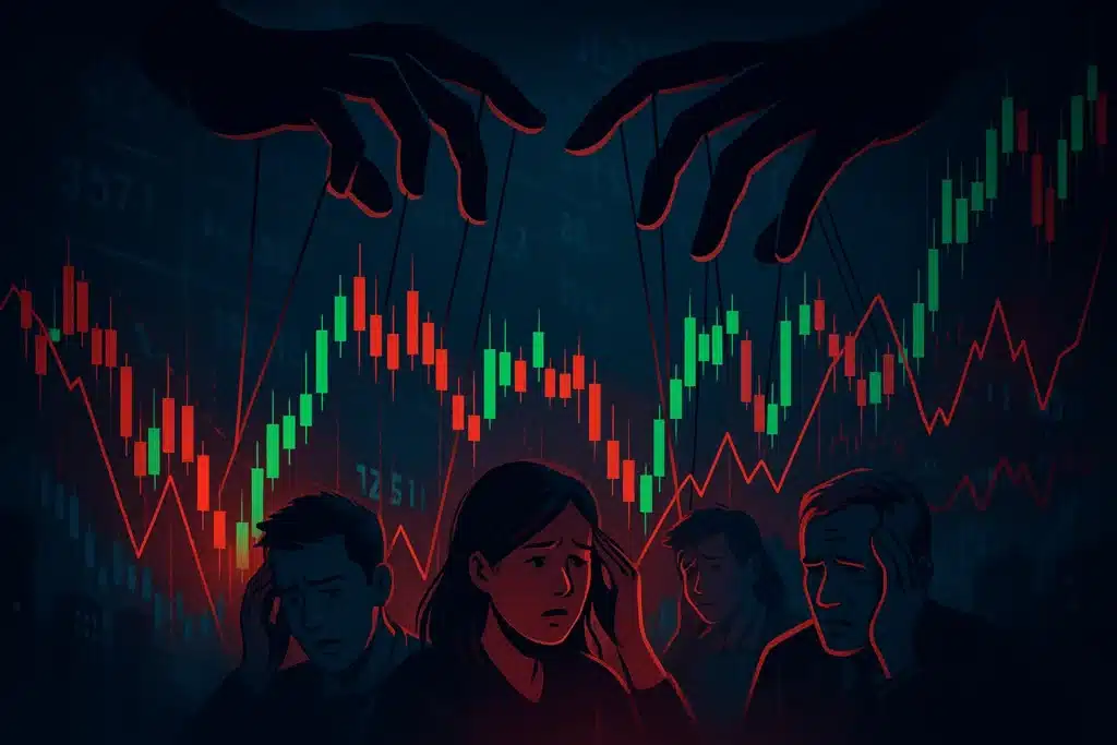 Dramatic stock market manipulation illustration showing shadowy figures controlling volatile financial chart with spikes and dips