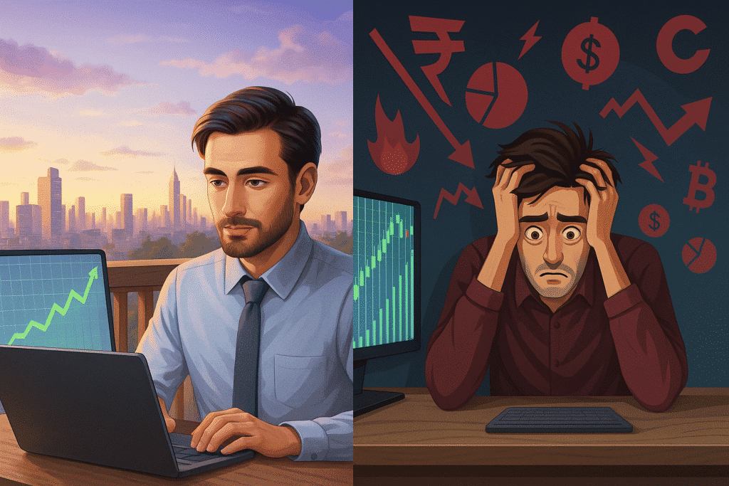 Stock Market Success : Investor mindset comparison – calm and informed vs. stressed and emotional.
