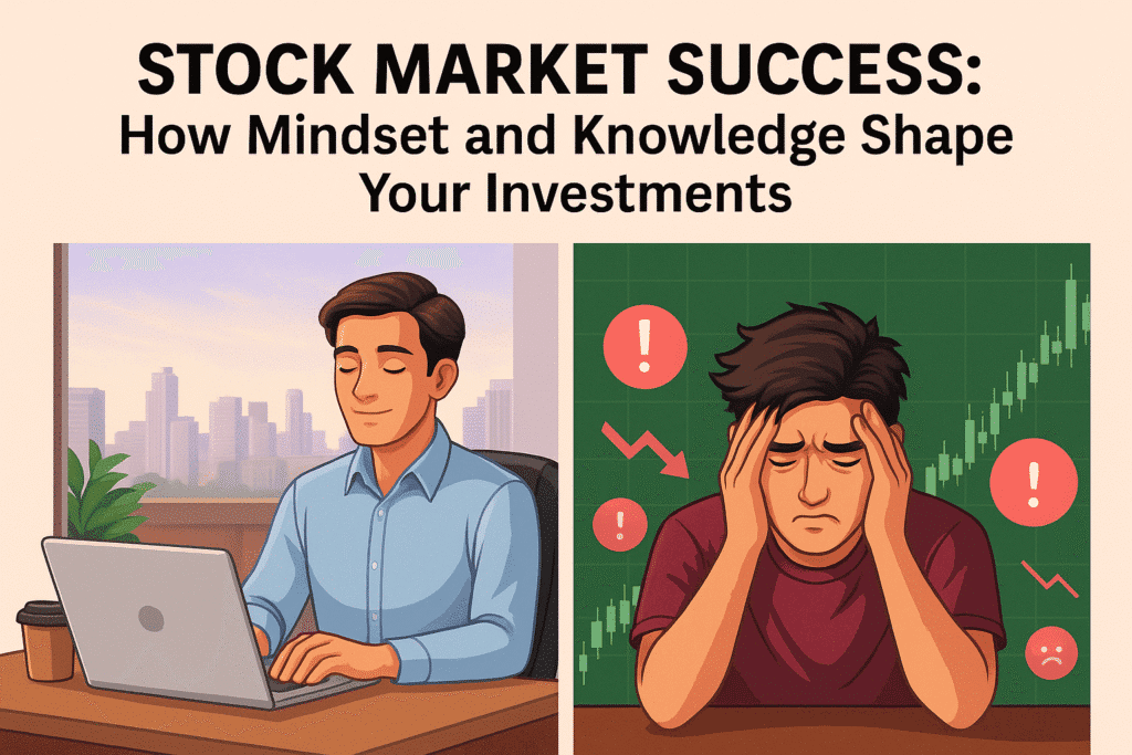 Two investors showing contrast in stock market mindset: one calm and focused, the other stressed during a market dip.