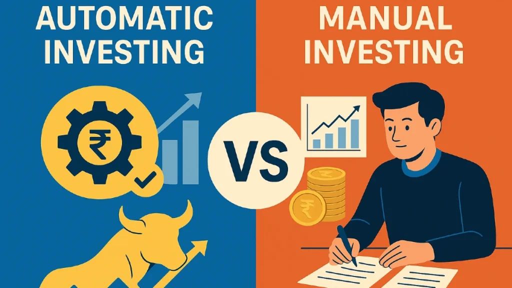 An engaging 2D illustration comparing automatic investing and manual investing, showing rising charts, coins, a gold bull, and a person managing finances manually.