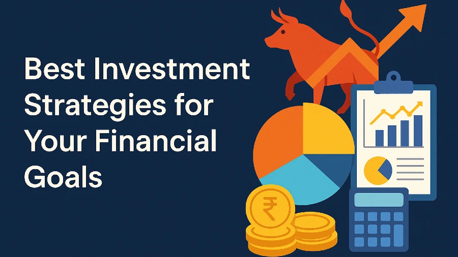 A creative illustration showing a bull, charts, gold coins, and financial graphs representing the concept of best investment strategies for your goals.