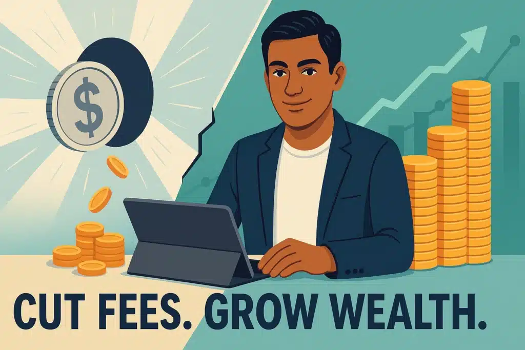 Investor comparing high and low investment fees with visual of money loss vs wealth growth, illustrating how reducing fees boosts returns.