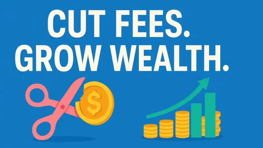Illustration showing the concept of cutting investment fees to grow wealth, with rising charts and bold text 'Cut Fees. Grow Wealth.