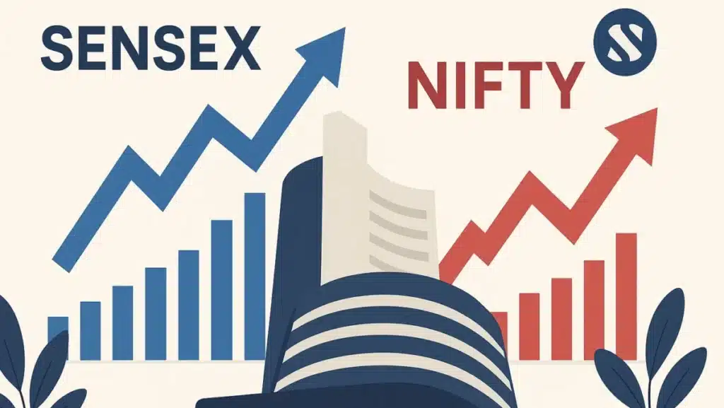 Visual showing Sensex and Nifty logos with market trend arrows, BSE and NSE backdrop, representing movement in Indian stock indices.