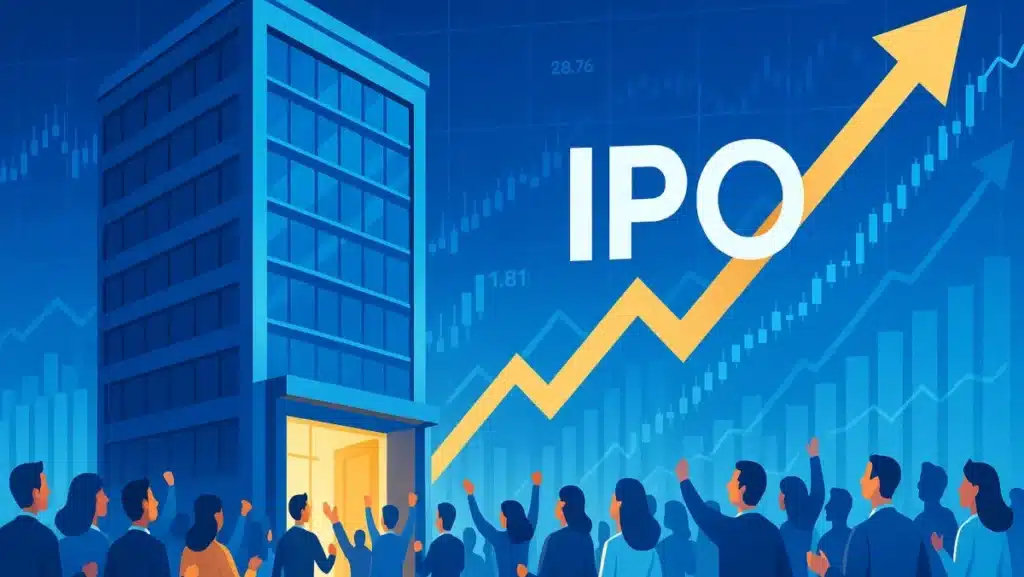 Illustration of a company going public with IPO, showing stock market charts, investors, and financial growth symbols.