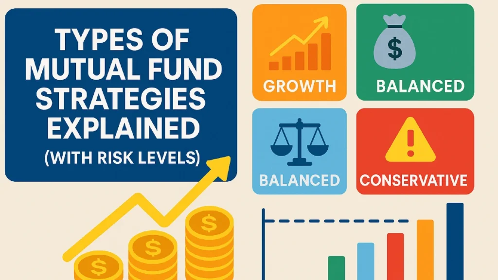 An illustrated overview of different mutual fund strategies showing equity, debt, and hybrid options along with their respective risk levels.