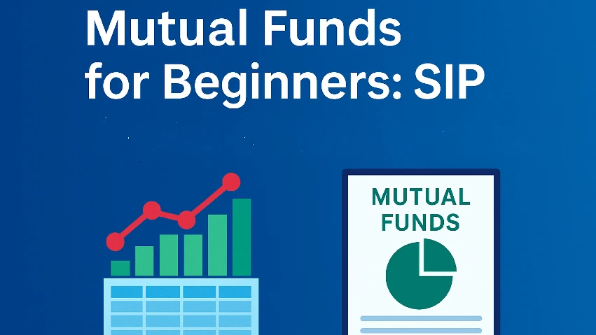 Mutual funds for beginners illustration showing SIP for financial education and stock market blogs.