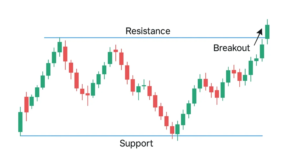 Price action chart with support, resistance, breakout