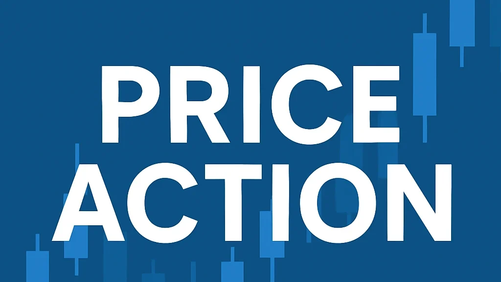 Price Action text over candlestick chart background