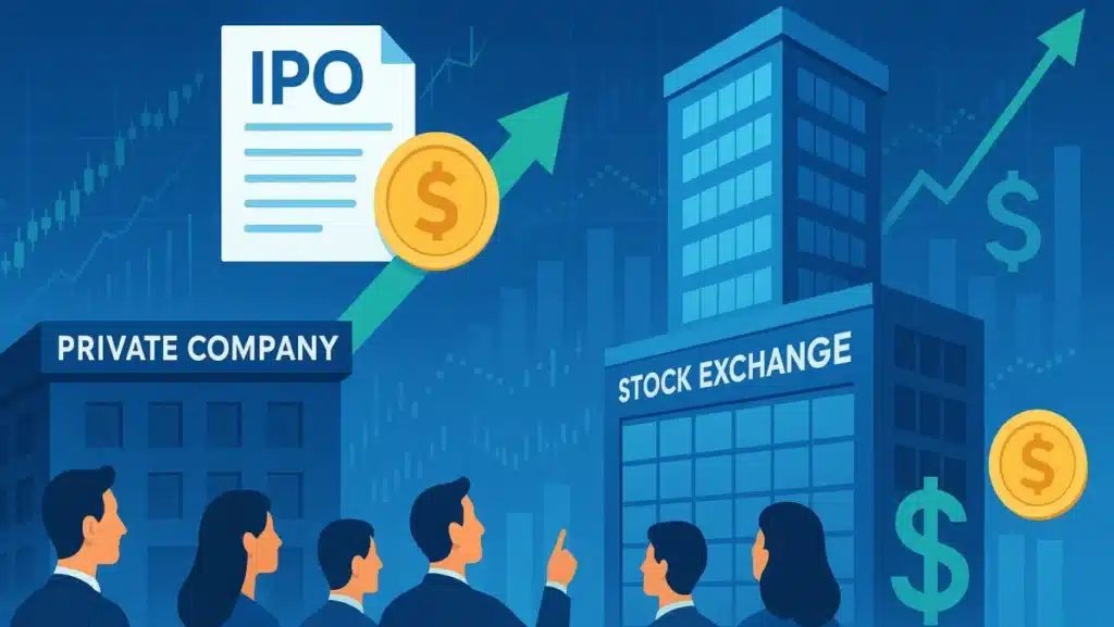 Illustration of a private company transitioning to public through IPO, showing stock exchange building, investors, and financial growth symbols.
