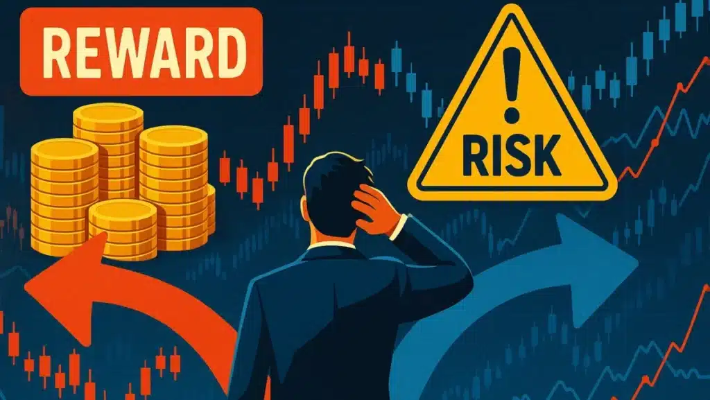 Illustration of an investor choosing between risk and reward paths, symbolizing stock market balance with charts and financial icons.