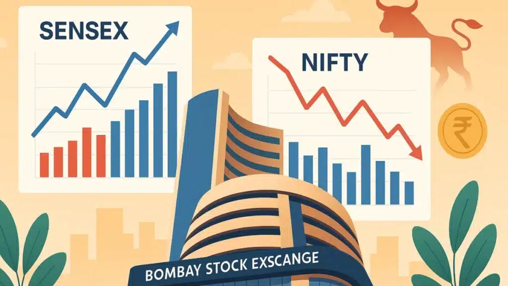 Illustration of Sensex and Nifty stock market indices with rising and falling charts, representing Indian financial markets and investor trends.