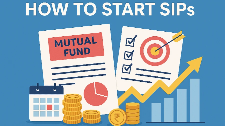 Flat-style digital illustration showing how to start SIPs, featuring icons like coins, bar charts, calendar, and monthly planning elements.