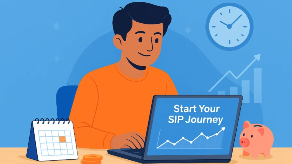A beginner learning how to start SIPs through monthly mutual fund contributions, showing visual elements of growth, planning, and financial goals.