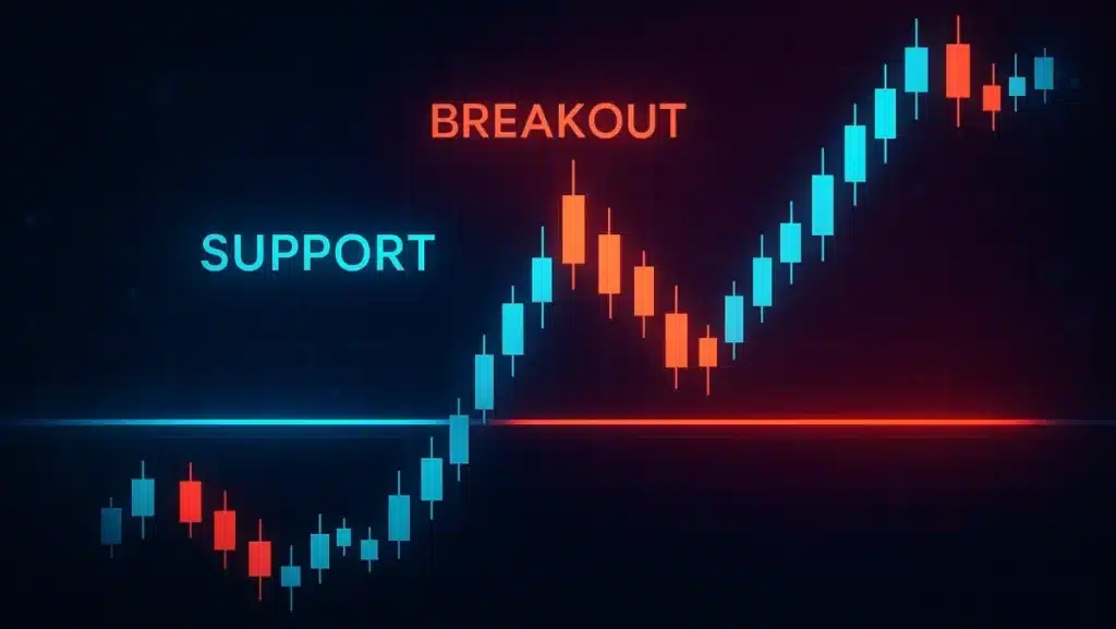 Support and resistance candlestick chart showing bounce and breakout with glowing lines and labels, futuristic trading concept
