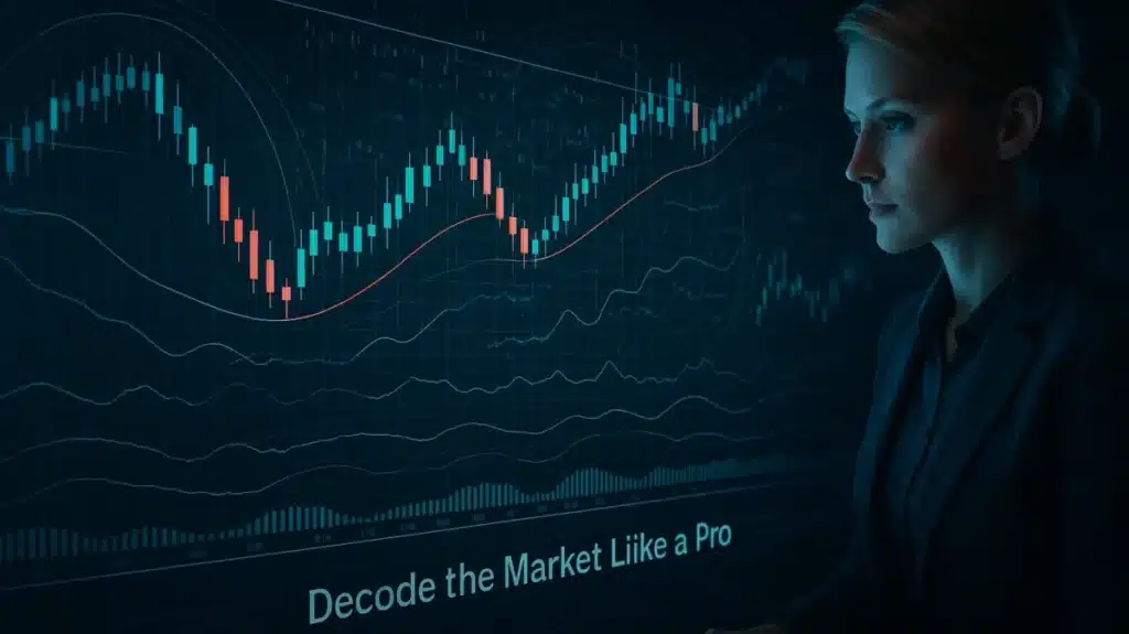 Futuristic trading interface showing candlestick charts, trend lines, and indicators like RSI and MACD, used by a trader for technical analysis.