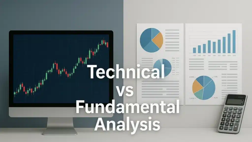 Split-screen image showing Technical Analysis vs Fundamental Analysis with a candlestick chart on one side and a financial report on the other.