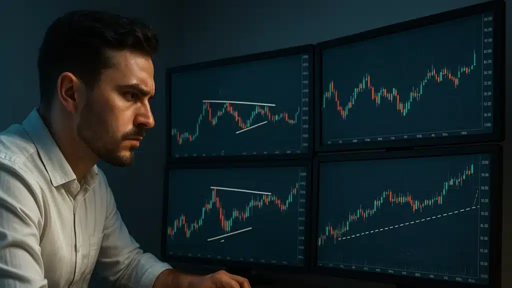 Trader analyzing candlestick charts with key chart patterns like Head and Shoulders and Triangle, focusing on market trends and breakout opportunities, in a professional trading setup.