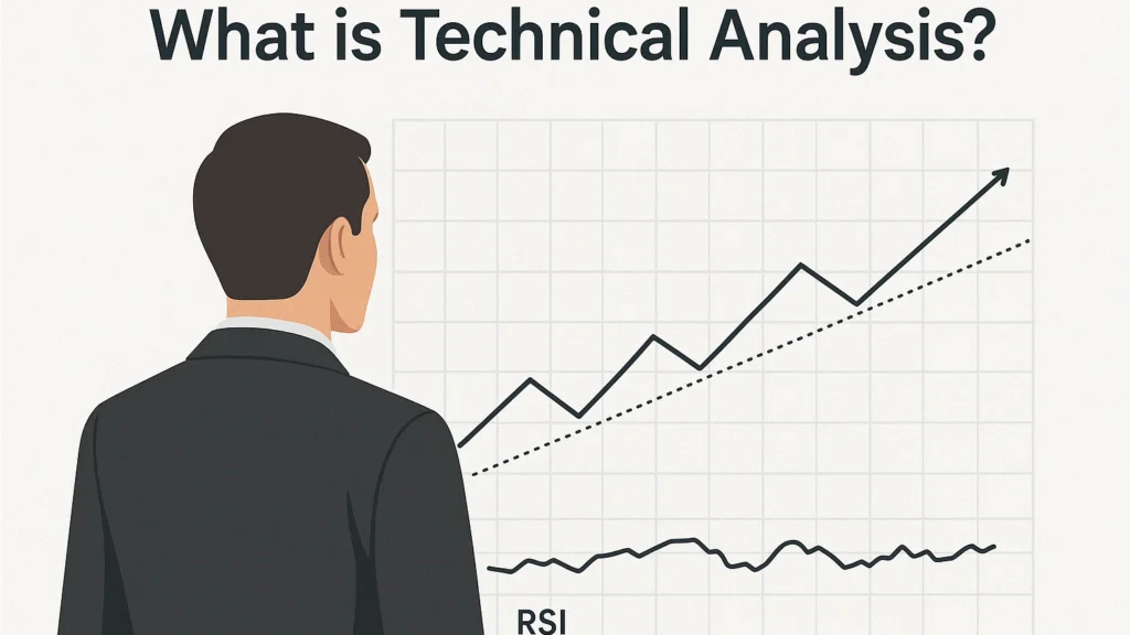 Trader analyzing a chart with RSI and trendlines, with the text 'What is Technical Analysis?' displayed on the screen, visualizing the concept of technical analysis.