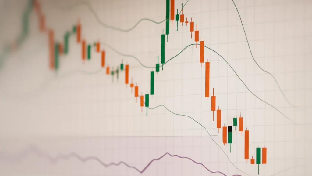 A financial chart displaying candlestick patterns with Bollinger Bands and RSI indicator, used to visualize strategy for better trading entries.