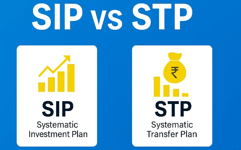 SIP vs STP visual guide presenting systematic investment vs transfer plan with icons and performance trends in mutual fund strategy.