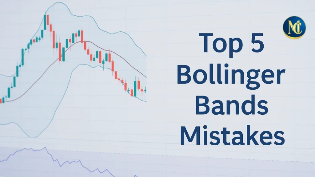 Top 5 Bollinger Bands mistakes shown on a candlestick chart with RSI below, illustrating common trading errors in technical analysis strategy.