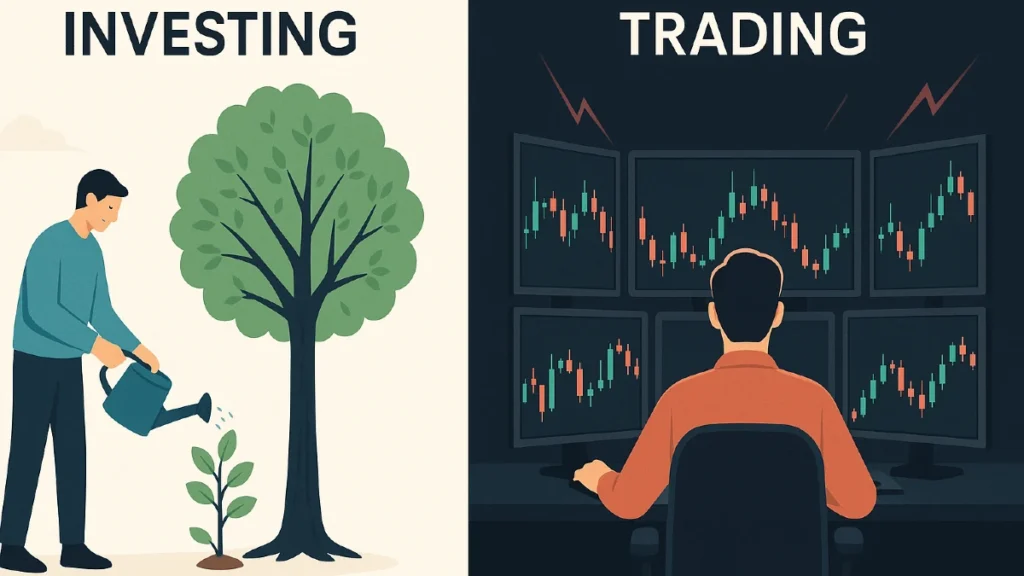 Investing as a man watering a growing tree, and trading as a person analyzing fast stock charts on monitors.