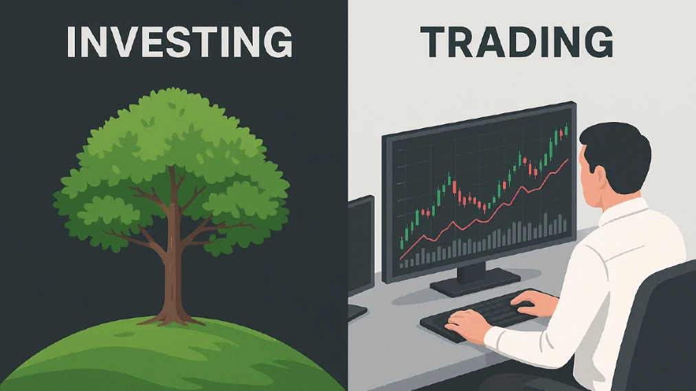 Investing vs Trading shown with a growing tree and stock charts, highlighting the contrast between long-term investing and short-term trading.