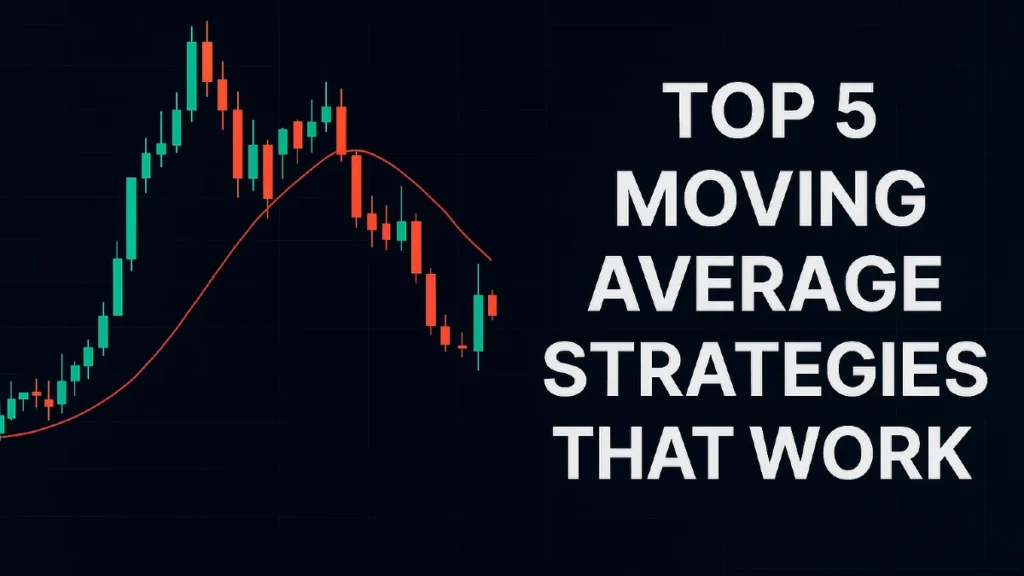Candlestick chart with red moving average line showing Top 5 Moving Average Strategies in trading for trend direction and entry signals.
