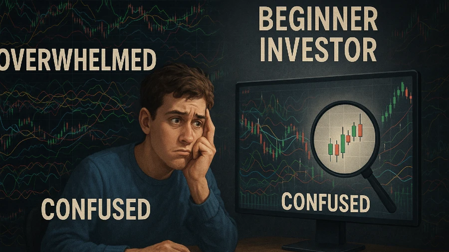 Beginner investor overwhelmed by stock market indicators, finding clarity with a focused candlestick chart.