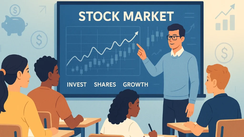 A modern classroom scene where a teacher explains the stock market using charts on a digital board, with diverse students learning about investing, shares, and growth