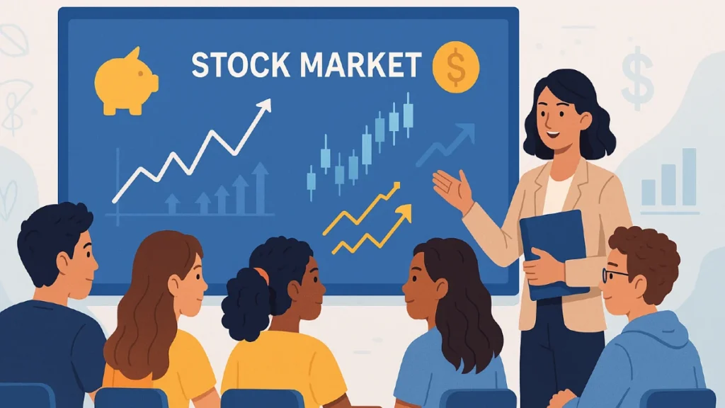 A modern classroom scene showcasing stock market education, where diverse students learn from a teacher presenting financial charts, graphs, and symbols in a bright and motivational setting.