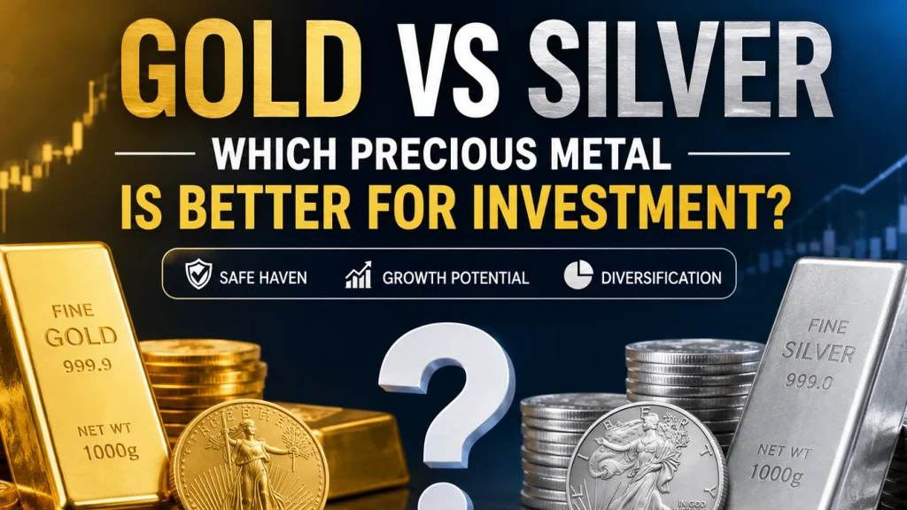 Gold vs silver investment comparison with gold and silver bars, coins, financial charts, risk, growth potential, and diversification factors.