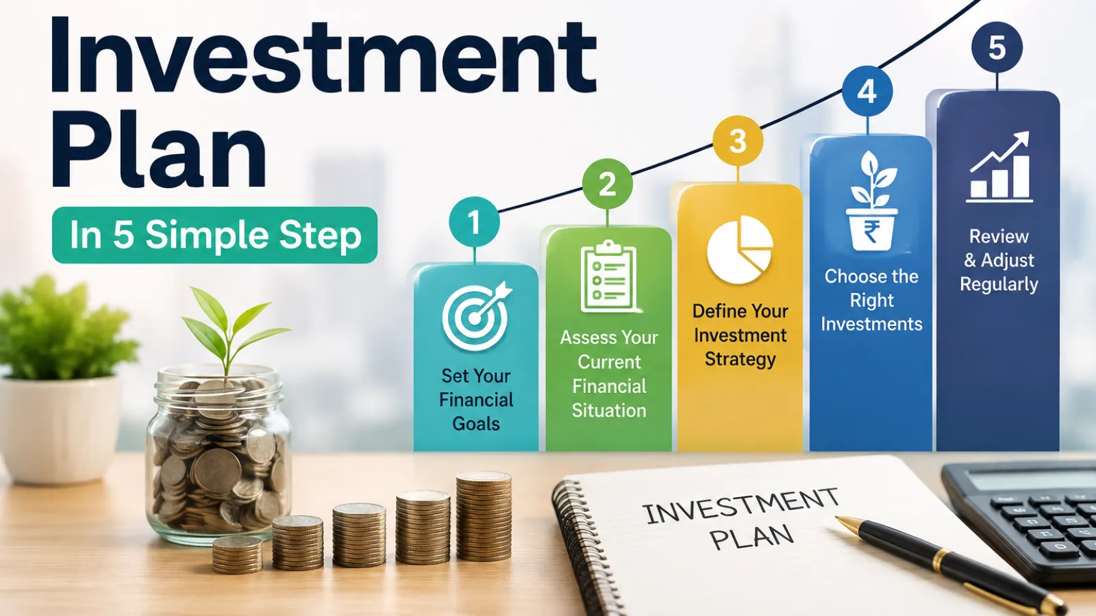 Investment planing guide showing five simple step to set financial goal.