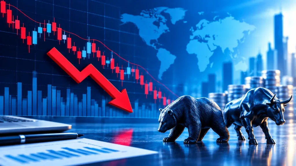 Stock prices fall suddenly as a red downward arrow and declining candlestick chart show market downturn, with bear and bull statues