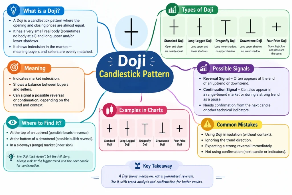 Doji candlestick pattern mind map showing its types, meaning, possible signals, and common mistakes.