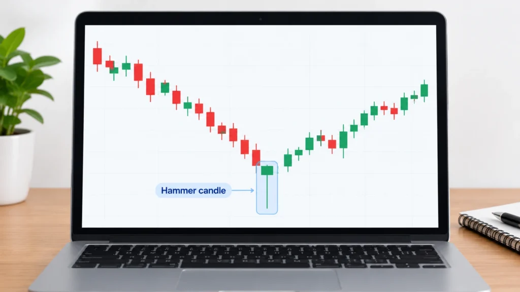 Hammer candlestick pattern displayed on a laptop screen, showing a falling price chart and a possible recovery.